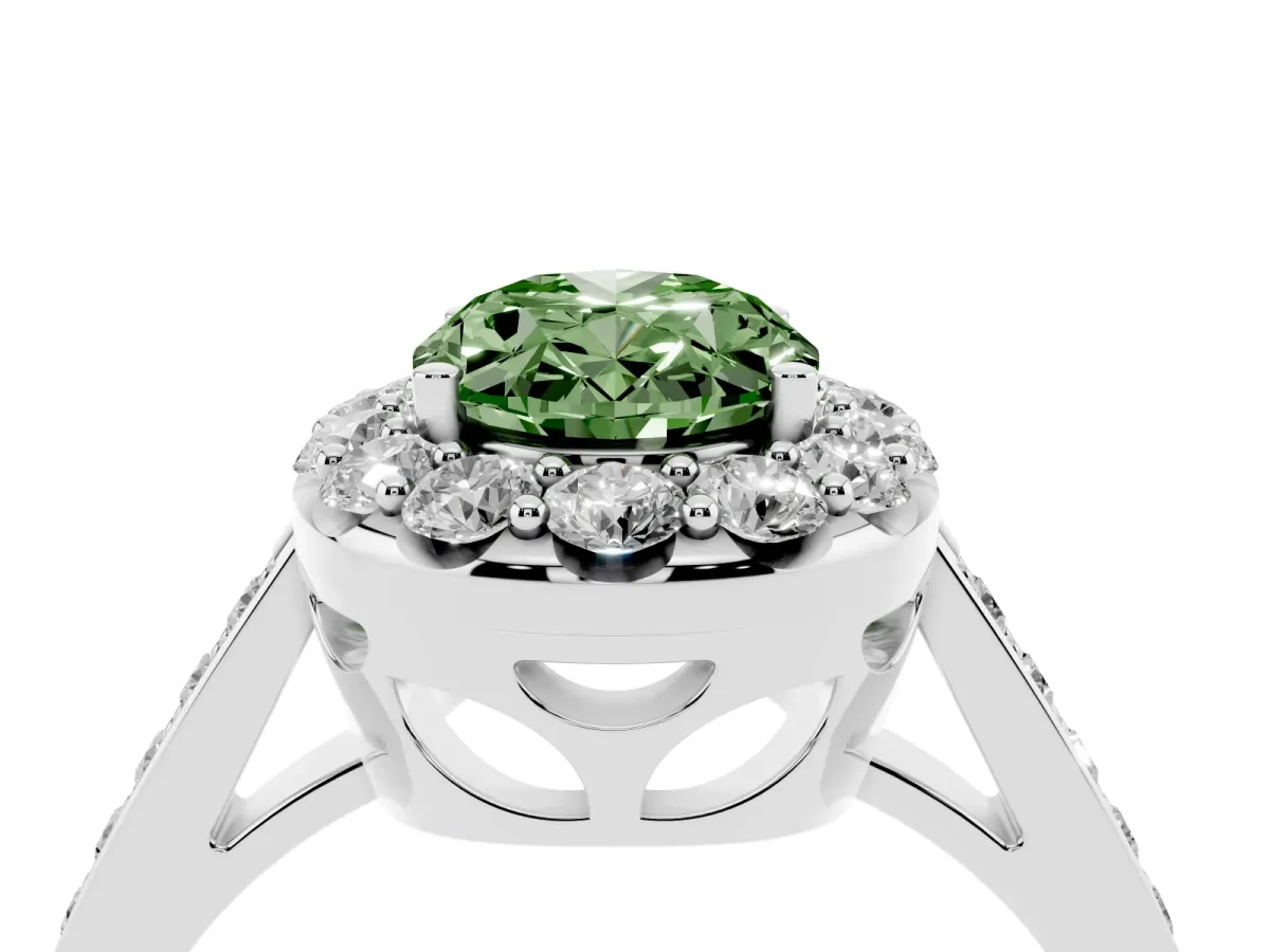 Fancy Green Oval Cut Diamond Floral Halo Ring with Pavé Band and Prong Setting White gold