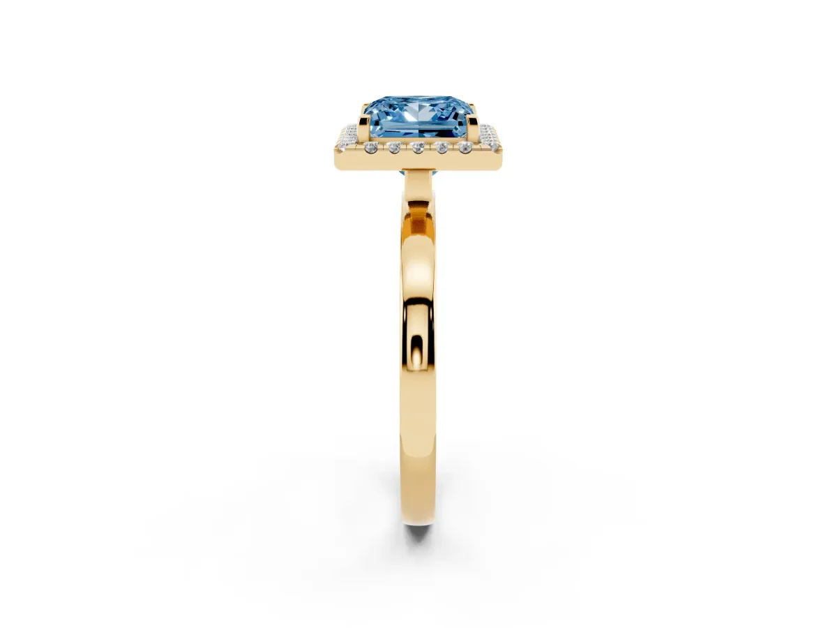Fancy Blue Princess Cut Halo Diamond Solitaire with Pavé Band and Four-Prong Setting Yellow gold