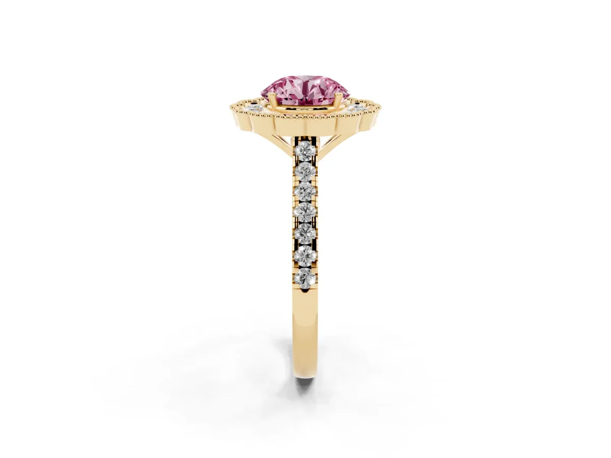 Fancy Pink Round Cut Cut Diamond Milgrain Floral Halo Engagement Ring with Pavé Band Yellow gold