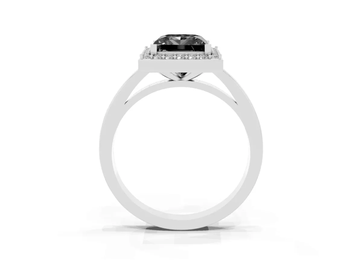 Fancy Black Princess Cut Halo Diamond Ring with Solitaire Band and Prong Setting Silver