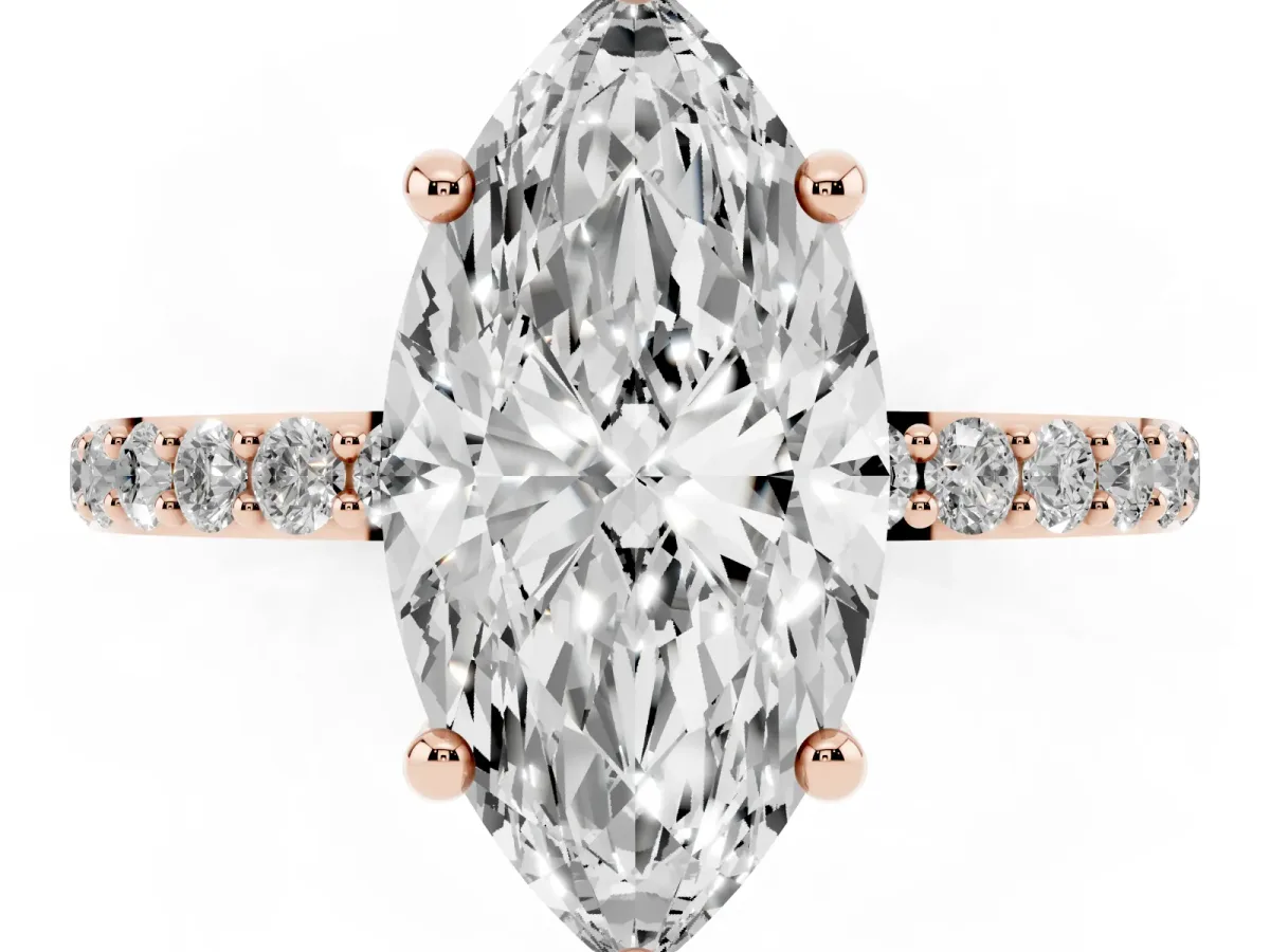 Marquise Cut Diamond Solitaire Ring with Round Pavé Band and Prong Setting Rose gold