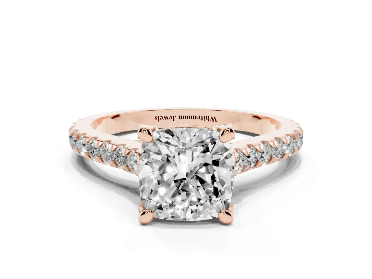 Cushion Cut Brilliant Diamond Solitaire with Pavé Band and Four-Prong Setting Rose gold