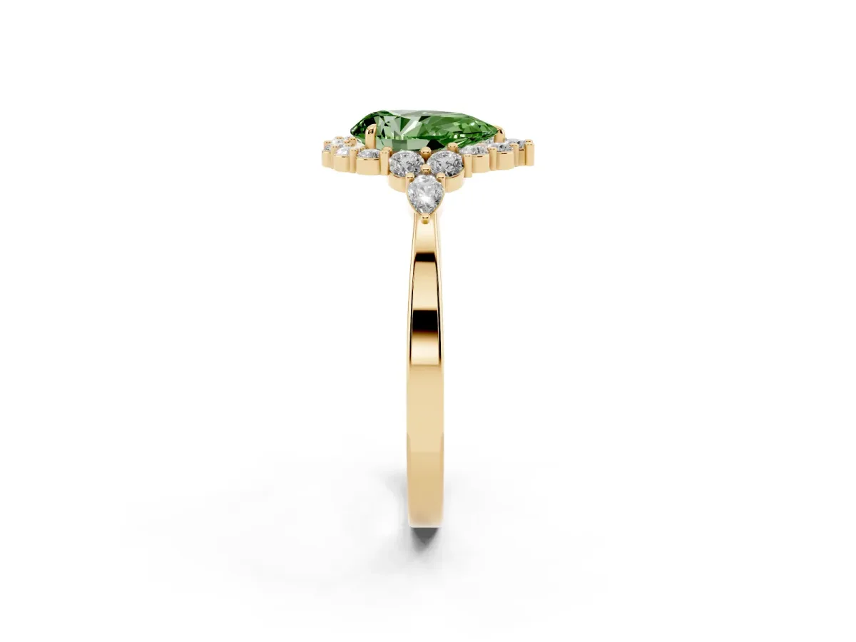 Fancy Green Pear Cut Diamond Halo Ring with Pear Side Stones and Prong Setting Yellow gold