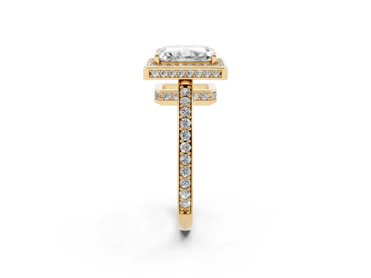 Radiant Cut Halo Pave Band Solitaire Ring with Prong Setting Yellow gold