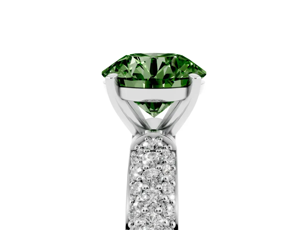 Fancy Green Round Cut Diamond Solitaire Ring with Prong Setting and Pavé Band Platinum