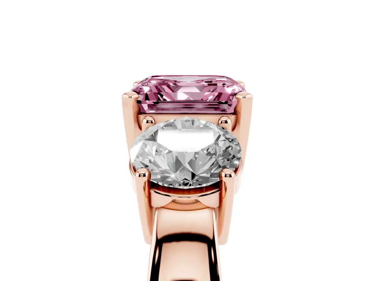 Fancy Pink Three-Stone Asscher Cut Diamond Ring with Round Side Stones, Classic Band, and Four-Prong Setting Rose gold