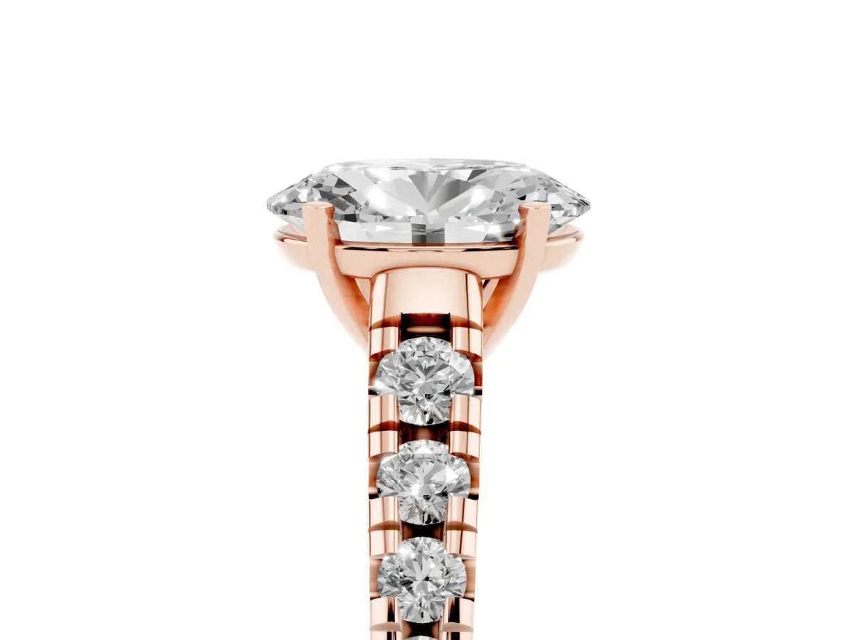 Oval Cut Diamond Cathedral Solitaire Ring with Round Pavé Band Rose gold