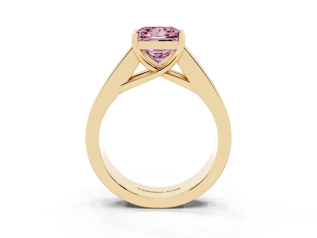 Fancy Pink Princess Cut Cut Channel Set Solitaire Ring with Four-Prong Setting Yellow gold