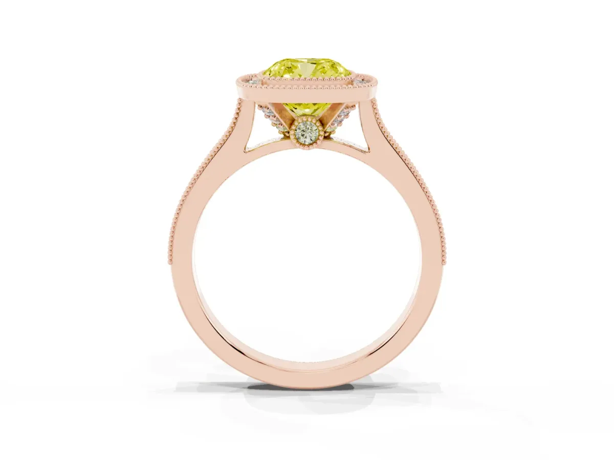 Fancy Yellow Halo Cushion Cut-Cut Diamond Pave Band Milgrain Prong Setting Ring Rose gold