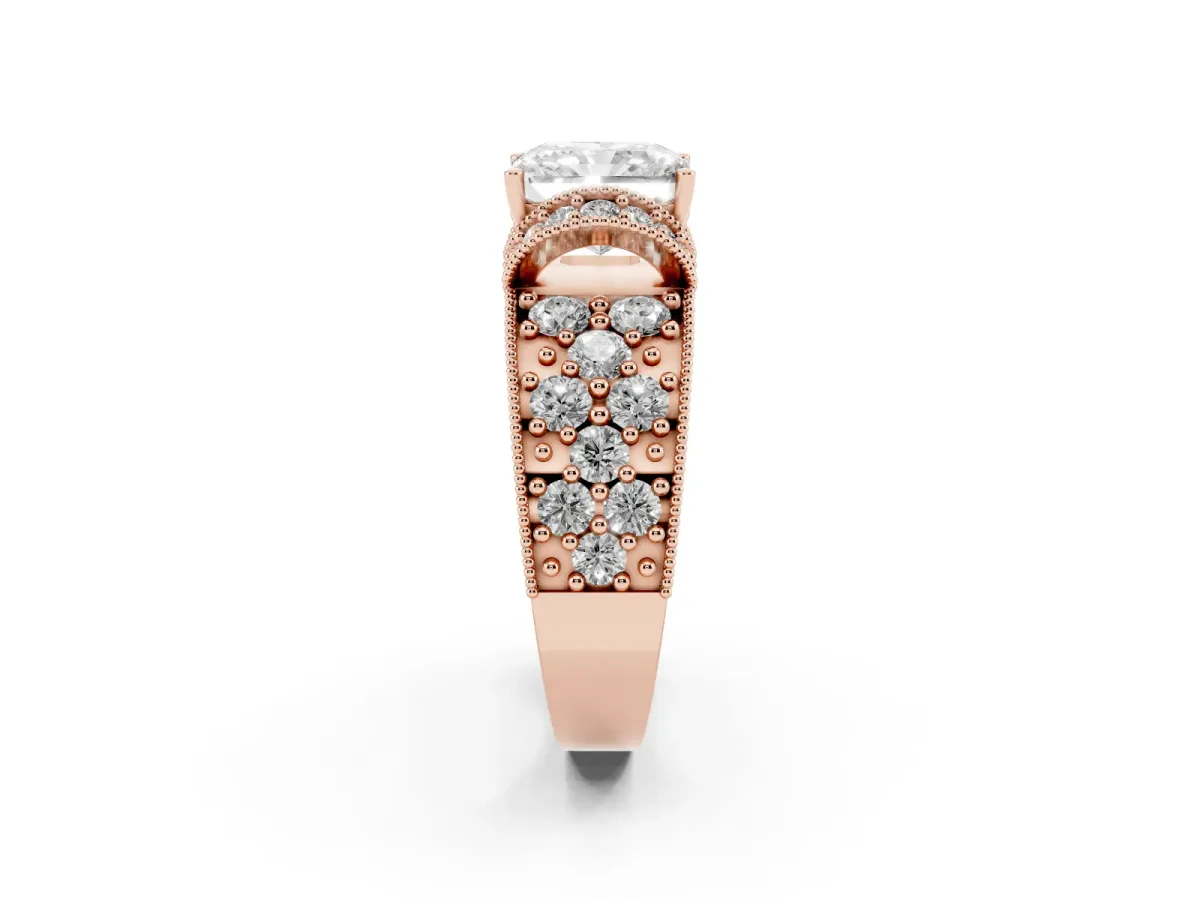 Radiant Cut Halo Pave Diamond Engagement Ring with Milgrain Detailing Rose gold