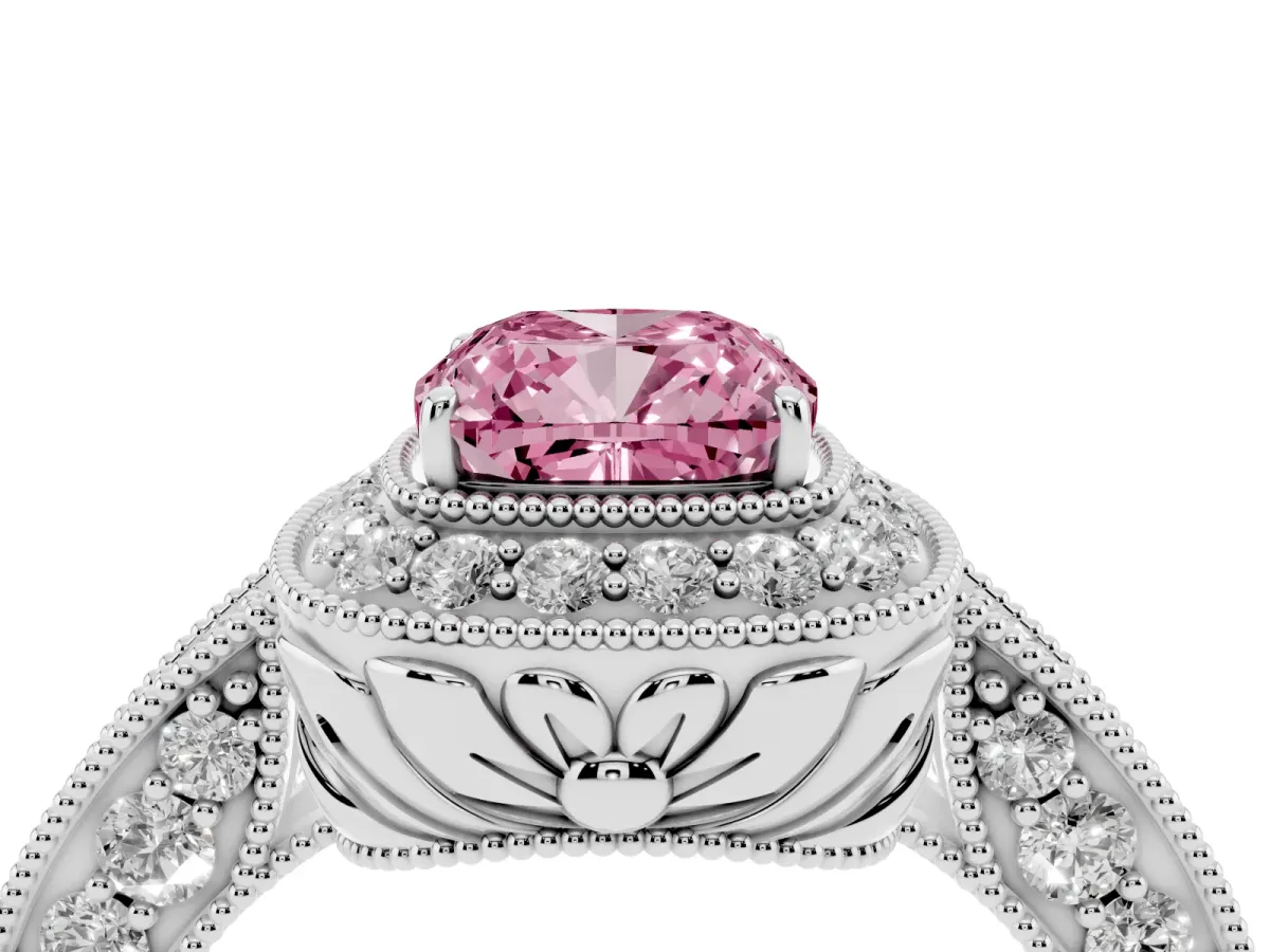 Fancy Pink Cushion Cut Halo Diamond Split Shank Ring with Milgrain Detail White gold