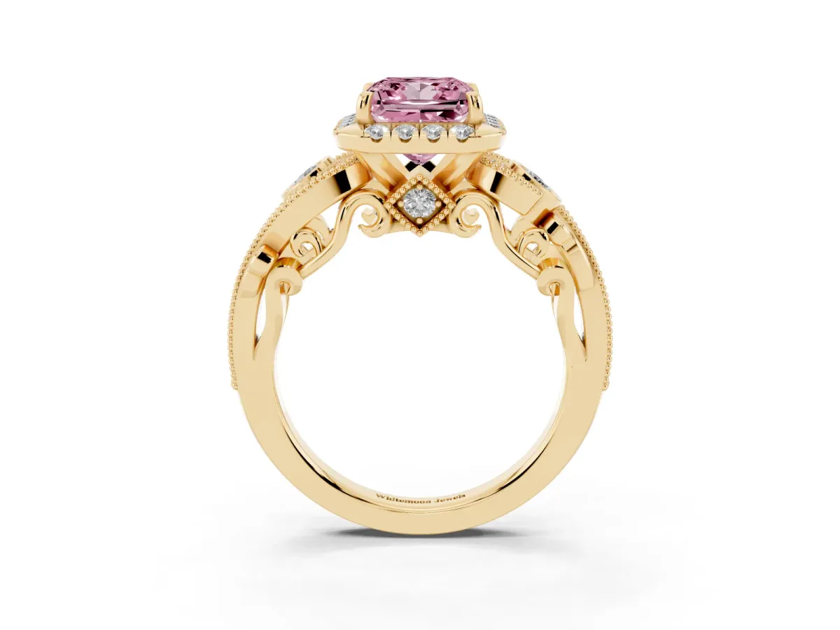 Fancy Pink Princess Cut Diamond Halo Ring with Milgrain Pavé Band and Four-Prong Setting Yellow gold