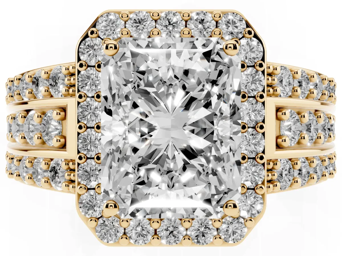 Radiant Cut Halo Diamond Ring with Round Split Shank and Prong Setting Yellow gold