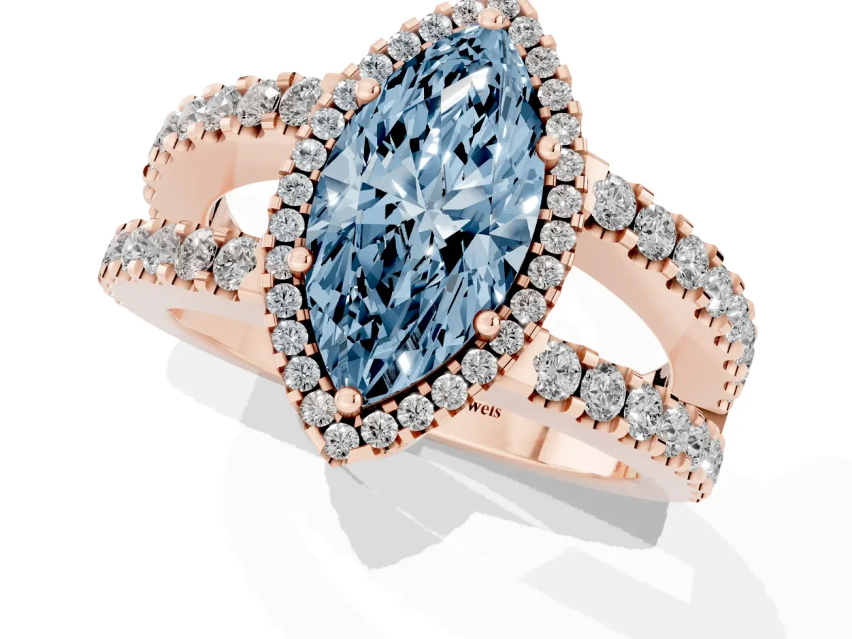 Fancy Blue Marquise Cut Cut Halo Split Shank Diamond Ring with Four-Prong Setting Rose gold