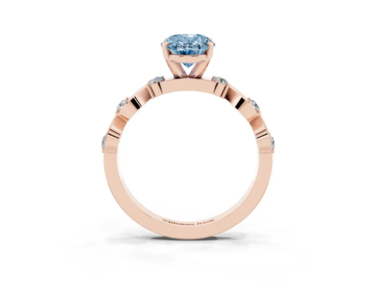 Fancy Blue Oval Cut Diamond Solitaire Twisted Band with Round Accents and Prong Setting Rose gold