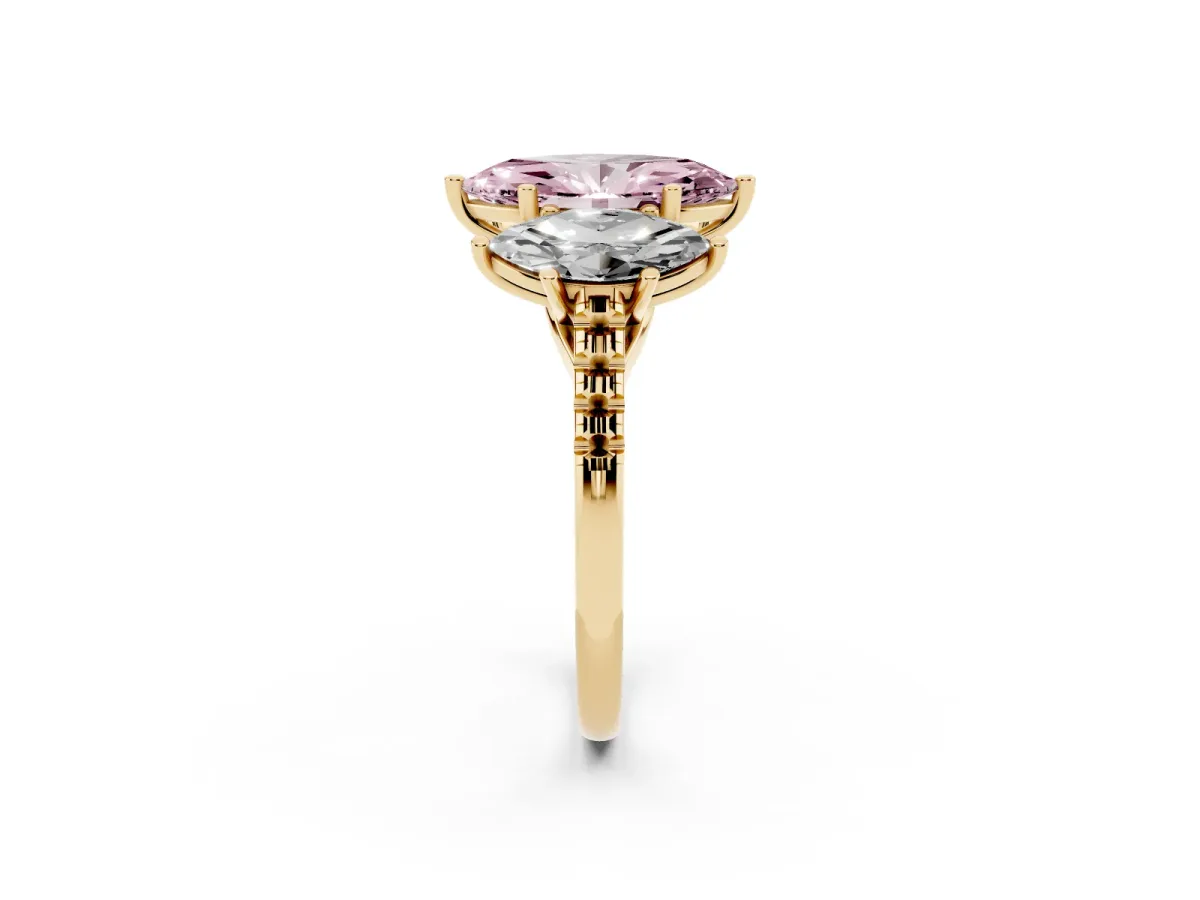 Fancy Pink Three-Stone Marquise Cut Diamond Ring with Round Pavé Band and Prong Setting Yellow gold