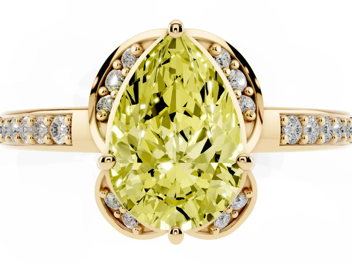 Fancy Yellow Pear Cut Cut Halo Diamond Ring with Channel Set Band and Four-Prong Setting Yellow gold