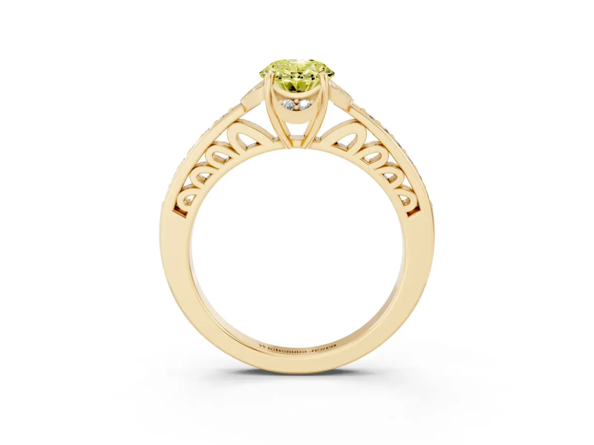 Fancy Yellow Oval Cut Cut Halo Diamond Ring with Channel Set Band and Four-Prong Setting Yellow gold