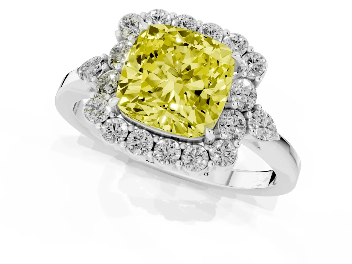 Fancy Yellow Cushion Cut Diamond Halo Ring with Pear Side Stones and Prong Setting Silver