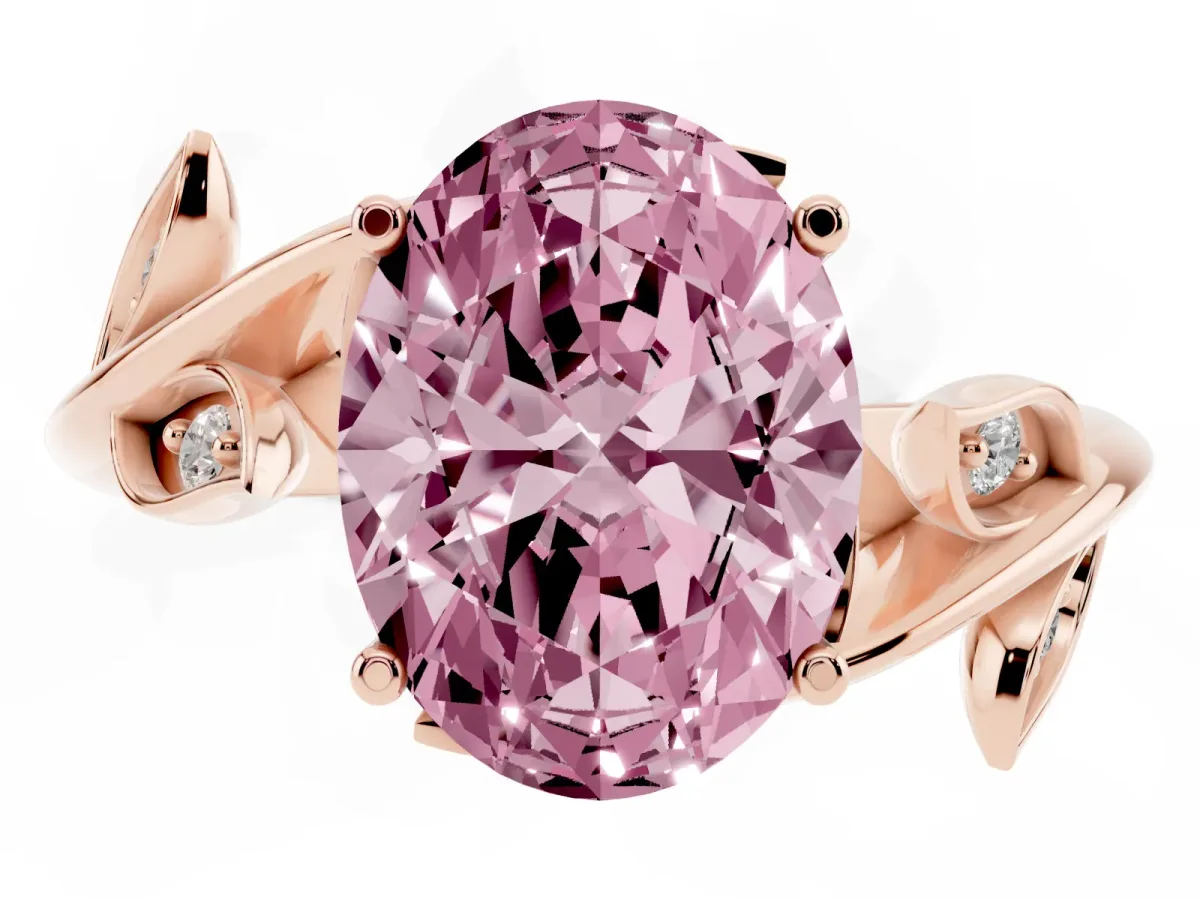 Fancy Pink Oval Cut Solitaire Twist Engagement Ring with Leaf Accents and Prong Setting Rose gold