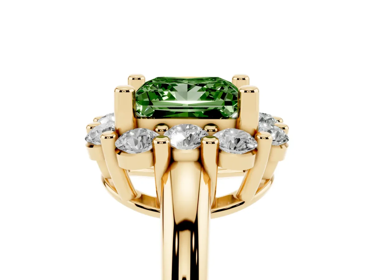 Fancy Green Princess Cut Halo Cluster Diamond Engagement Ring with Prong Setting and Polished Band Yellow gold
