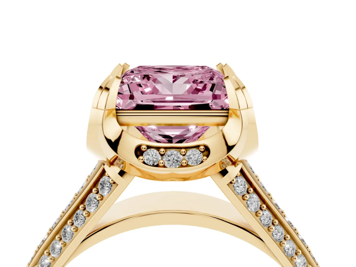 Fancy Pink Princess Cut Solitaire Pave Split Shank Ring with Four-Prong Setting Yellow gold