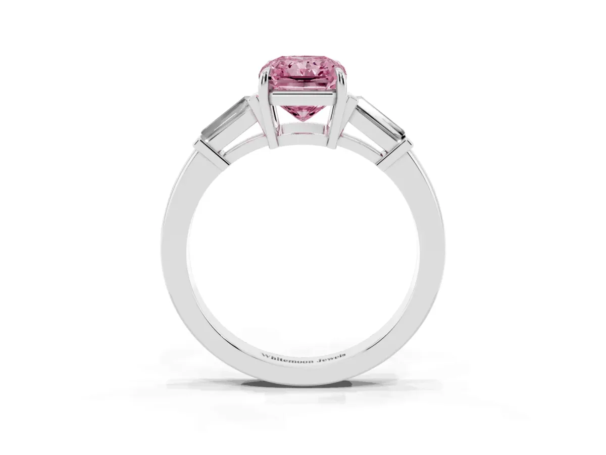 Fancy Pink Radiant Cut Diamond Three-Stone Ring with Tapered Baguette Side Stones and Prong Setting Silver
