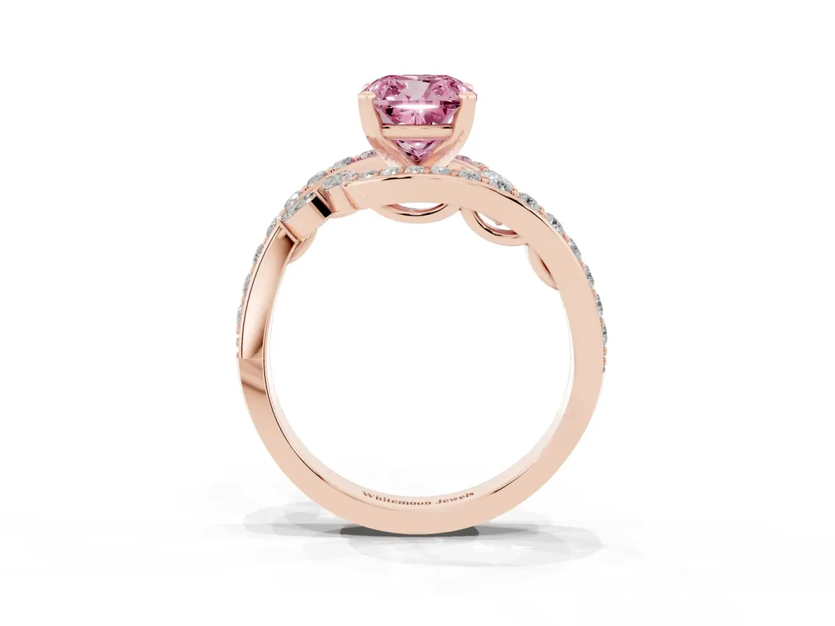 Fancy Pink Cushion Cut Diamond Solitaire Ring with Filigree Band and Four-Prong Setting Rose gold