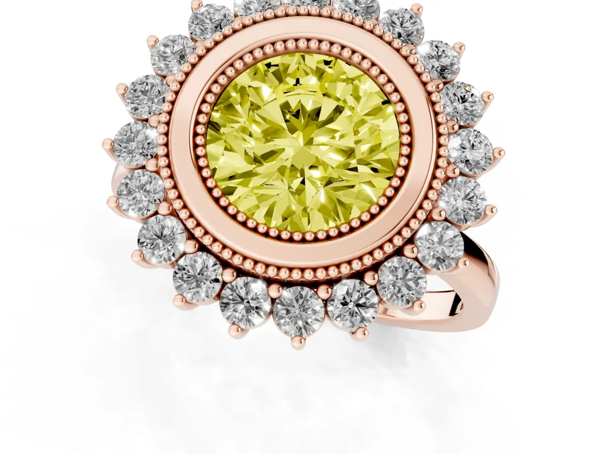 Fancy Yellow Round Cut Halo Diamond Ring with Milgrain Edge and Round Prong Setting Rose gold