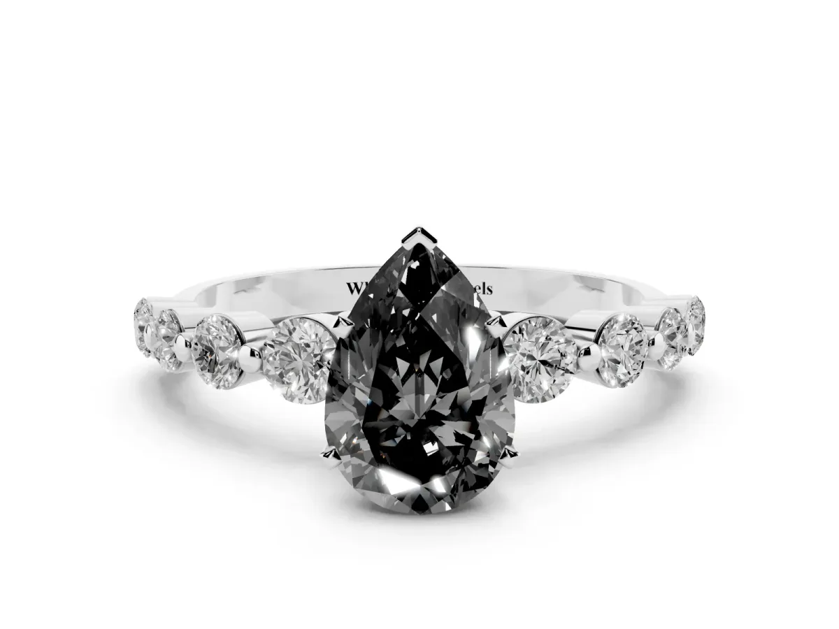 Fancy Black Pear Cut Solitaire Diamond Ring with Pave Band and Four-Prong Setting Silver