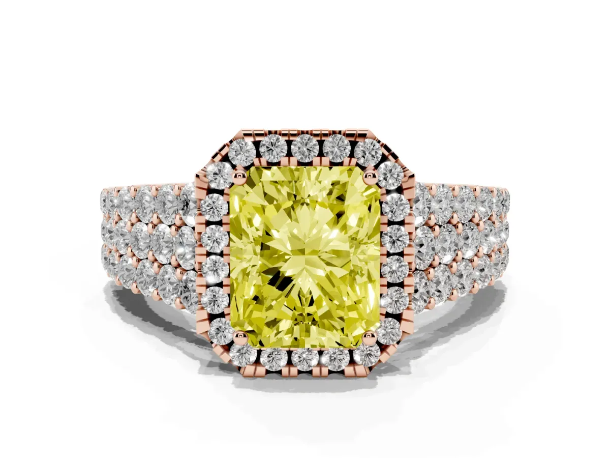 Fancy Yellow Radiant Cut Diamond Halo Engagement Ring with Triple Row Round Pavé Band and Prong Setting Rose gold