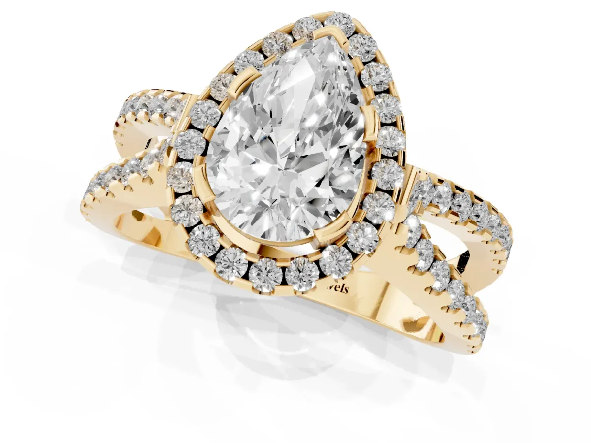 Pear Cut Diamond Halo Ring with Split Shank Pavé Band and Prong Setting Yellow gold