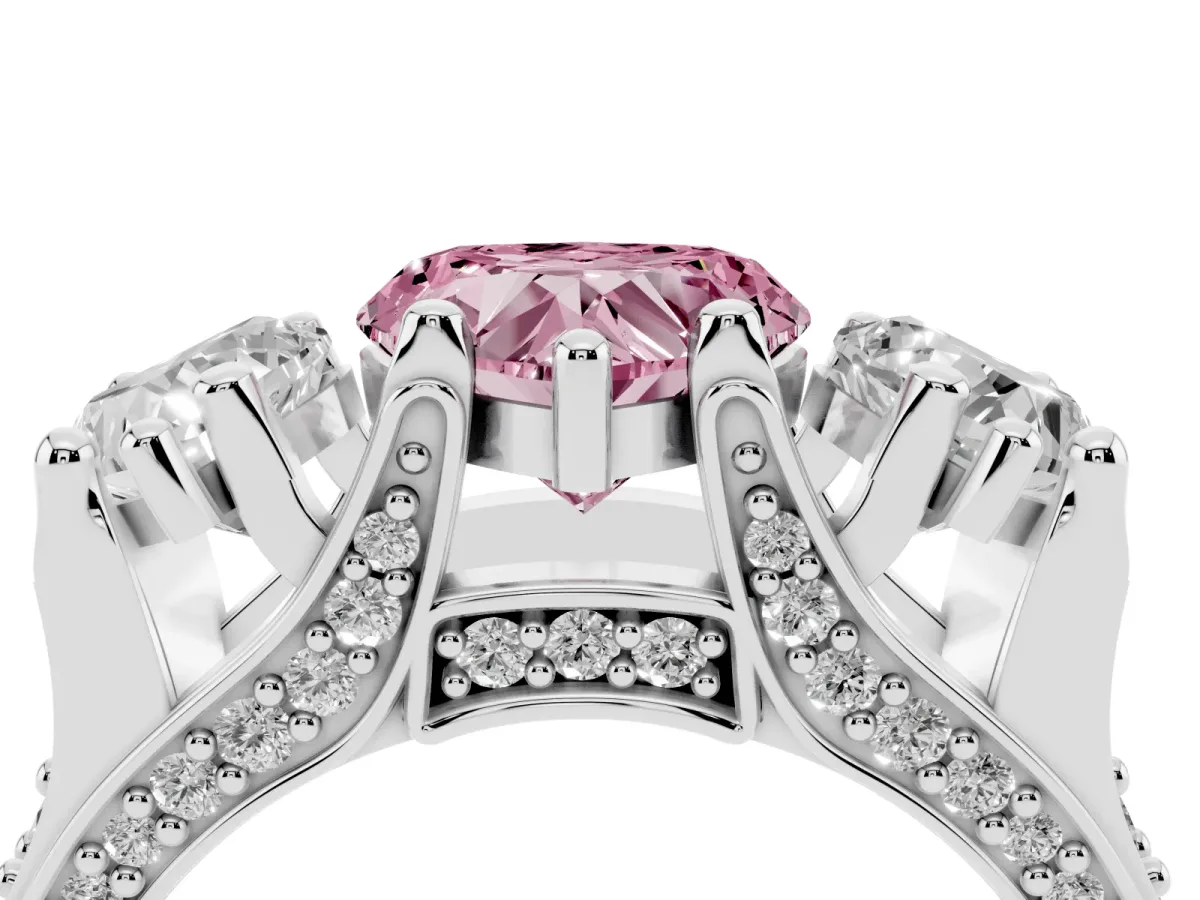 Fancy Pink Heart Cut Diamond Three-Stone Ring with Channel Set Band and Four-Prong Setting Silver