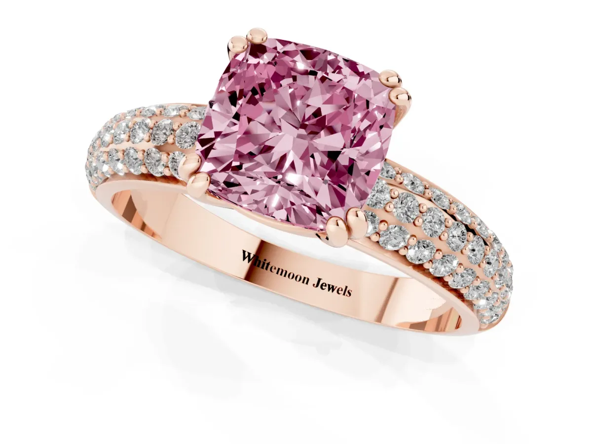 Fancy Pink Cushion Cut Diamond Solitaire Ring with Multi-Row Round Pavé Band and Prong Setting Rose gold