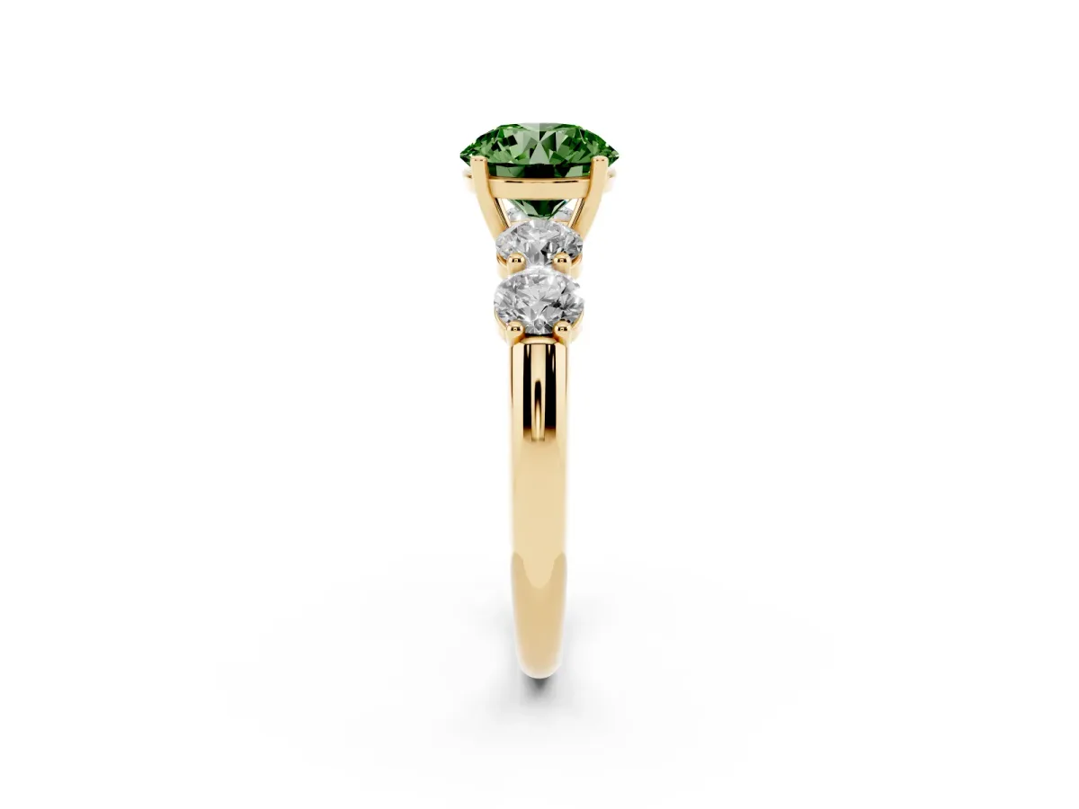 Fancy Green Round Cut Cut Five-Stone Prong Set Diamond Ring with Classic Band Yellow gold