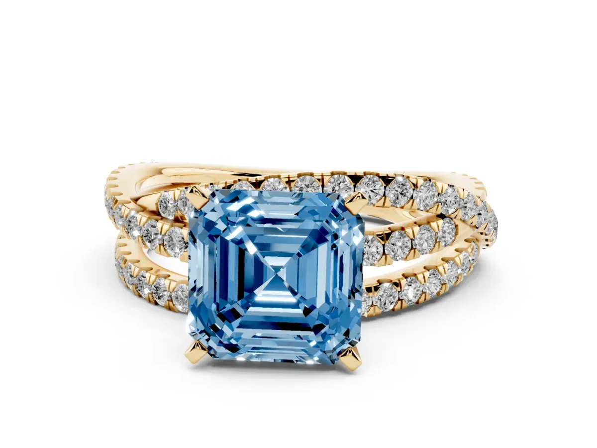 Fancy Blue Asscher Cut Solitaire Twist Band with Pavé Setting and Four-Prong Setting Yellow gold