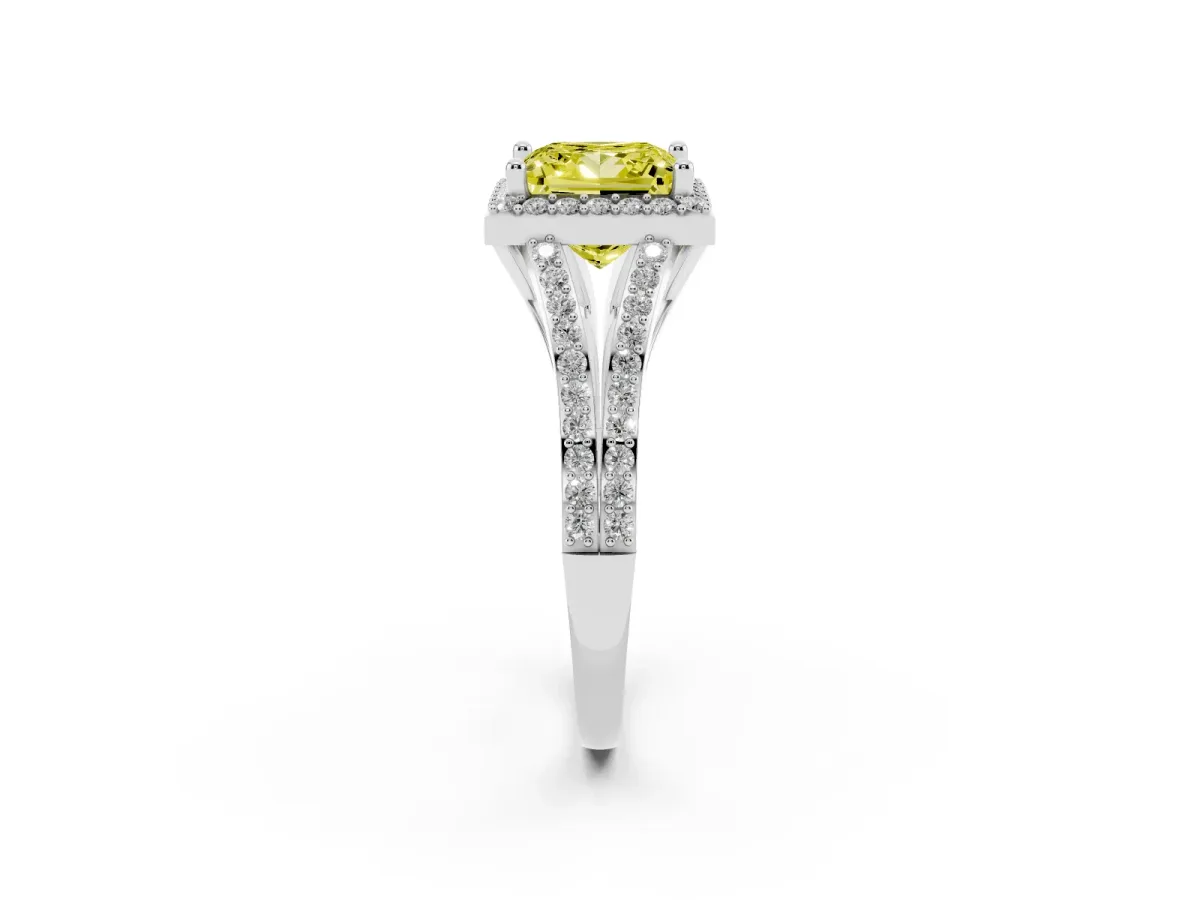 Fancy Yellow Princess Cut Halo Split Shank Pave Diamond Ring with Four-Prong Setting Platinum