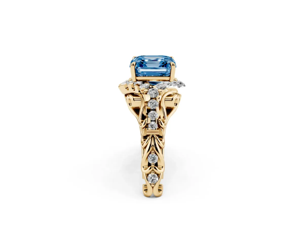 Fancy Blue Asscher Cut Diamond Solitaire Ring with Hidden Halo and Pavé Band Yellow gold