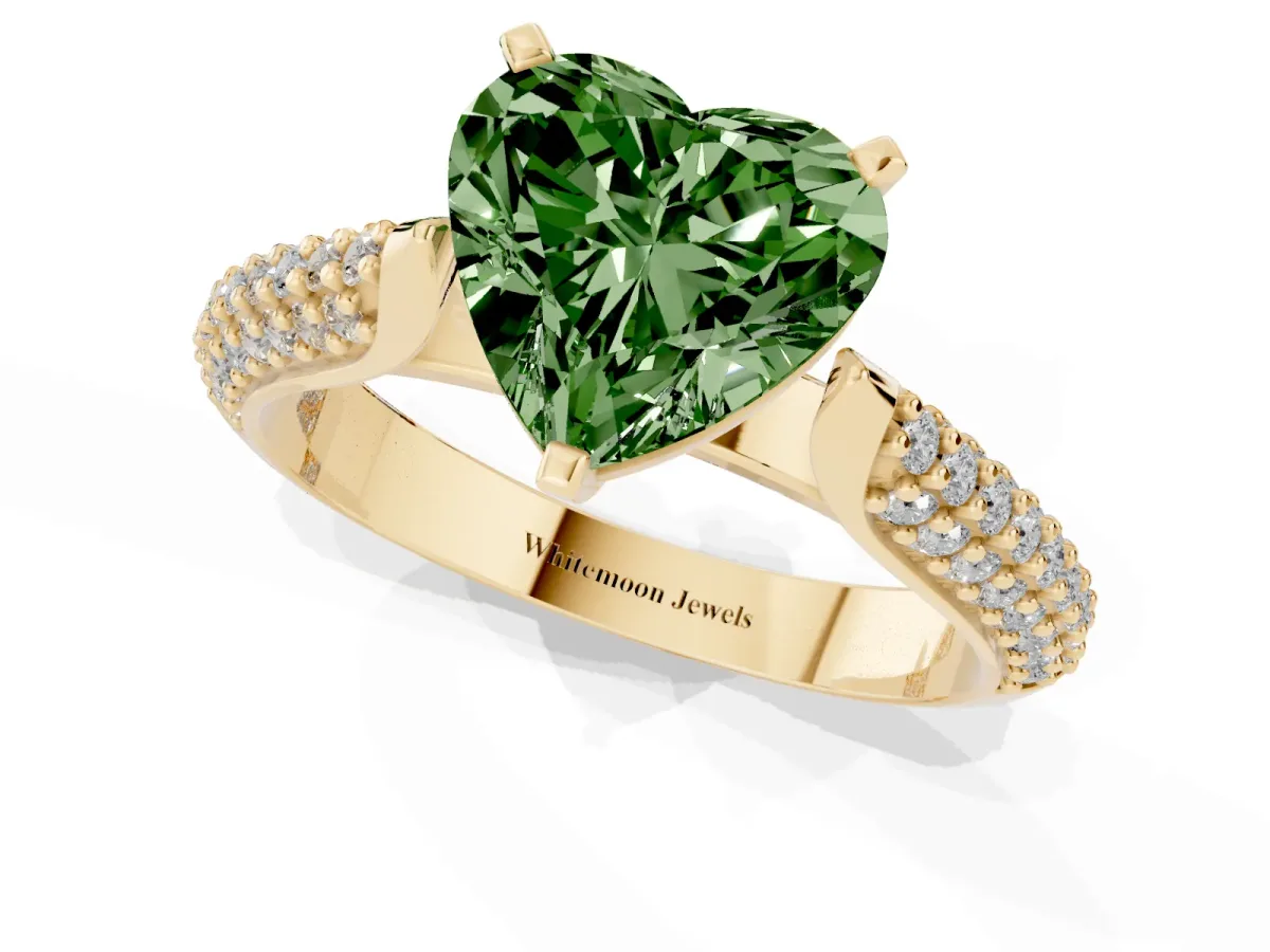 Fancy Green Heart Cut Diamond Solitaire Engagement Ring with Multi-Row Round Pavé Band and Prong Setting Yellow gold