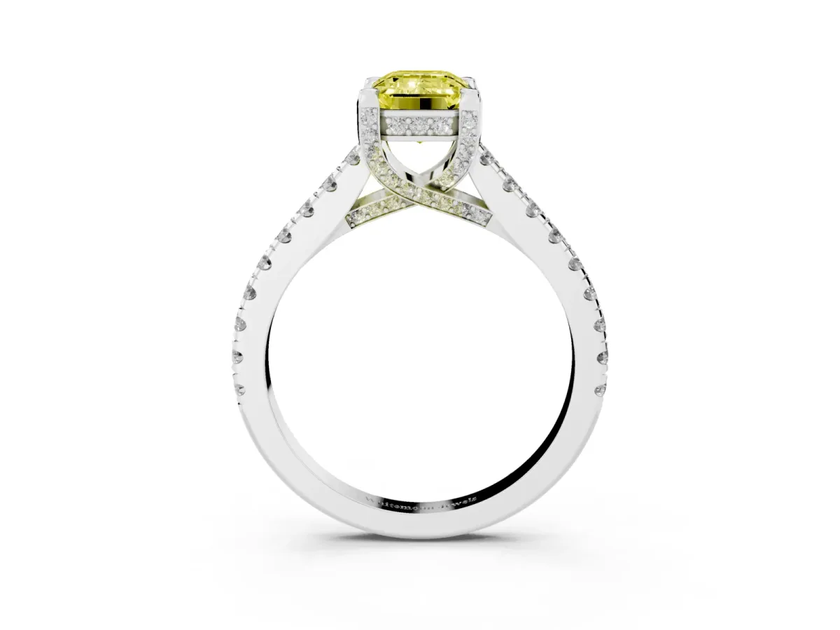 Fancy Yellow Emerald Cut Brilliant Diamond Solitaire with Pavé Band and Four-Prong Setting Platinum