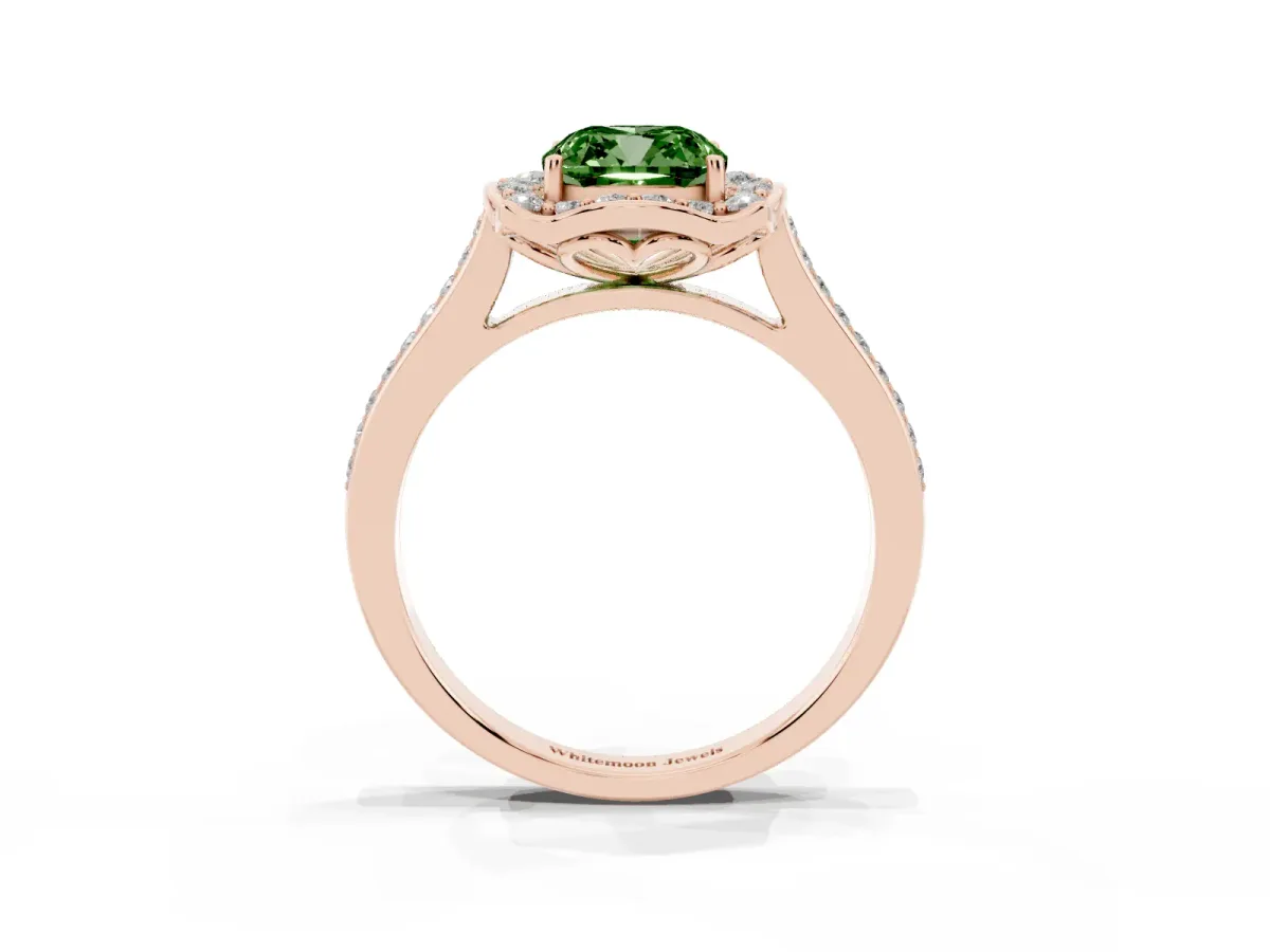 Fancy Green Cushion Cut Halo Round Diamond Pave Band with Four-Prong Setting Rose gold