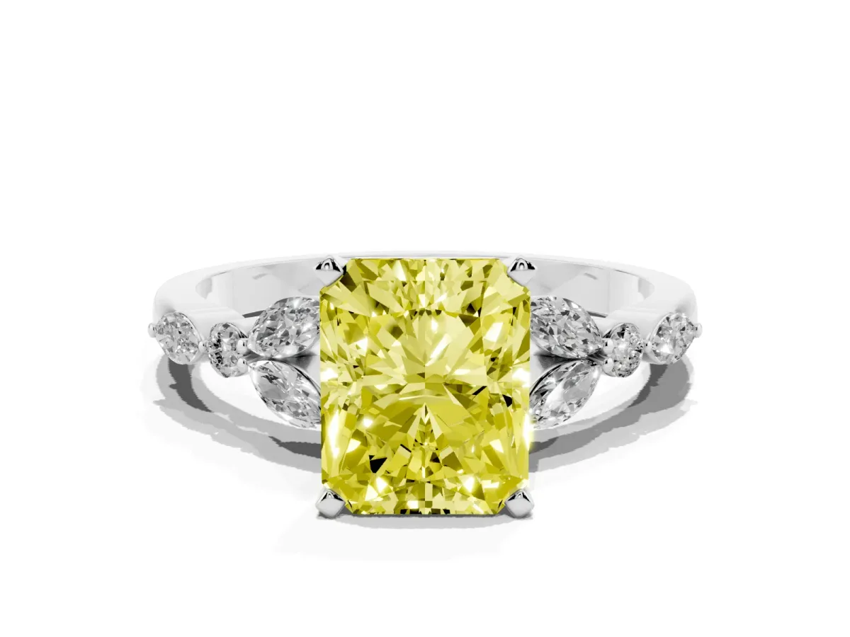 Fancy Yellow Radiant Cut Diamond Solitaire Ring with Side Stones and Four-Prong Setting Silver