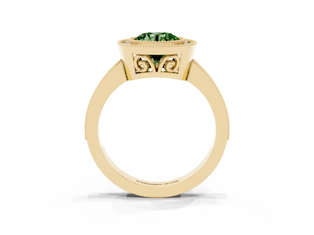 Fancy Green Round Cut Cut Halo Diamond Ring with Pavé Band and Milgrain Prong Setting Yellow gold