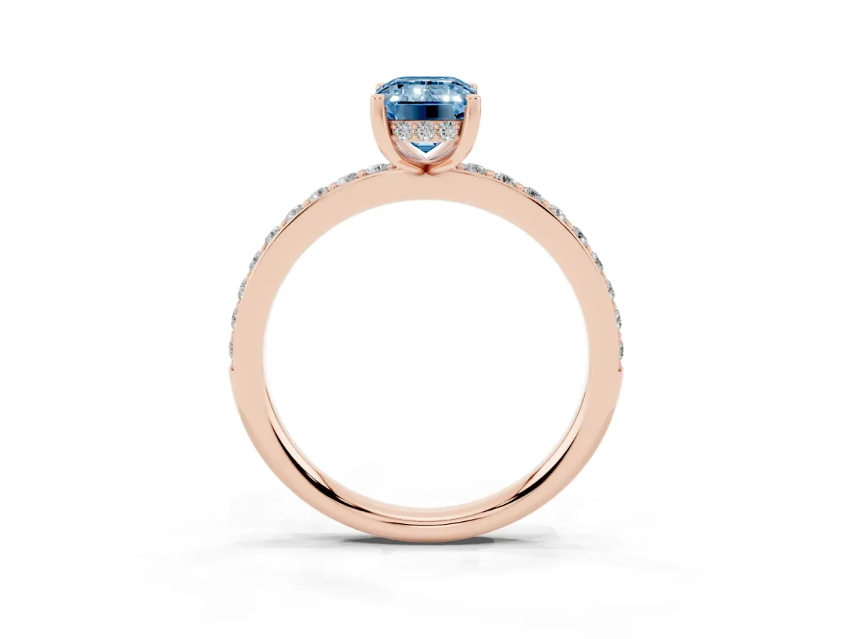 Fancy Blue Emerald Cut Cut Diamond Pavé Band Ring with Four-Prong Setting Rose gold