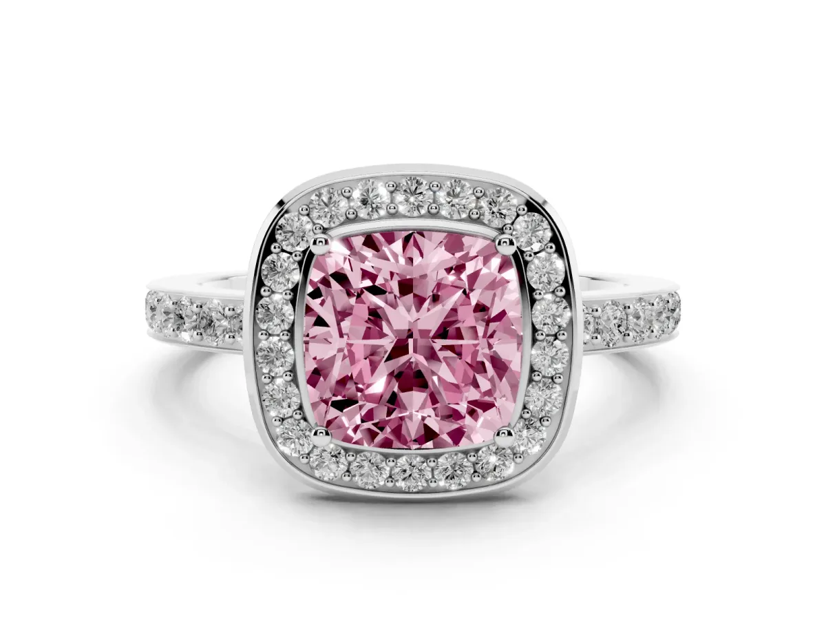 Fancy Pink Cushion Cut Diamond Halo Ring with Bezel Frame and Pavé Band Silver