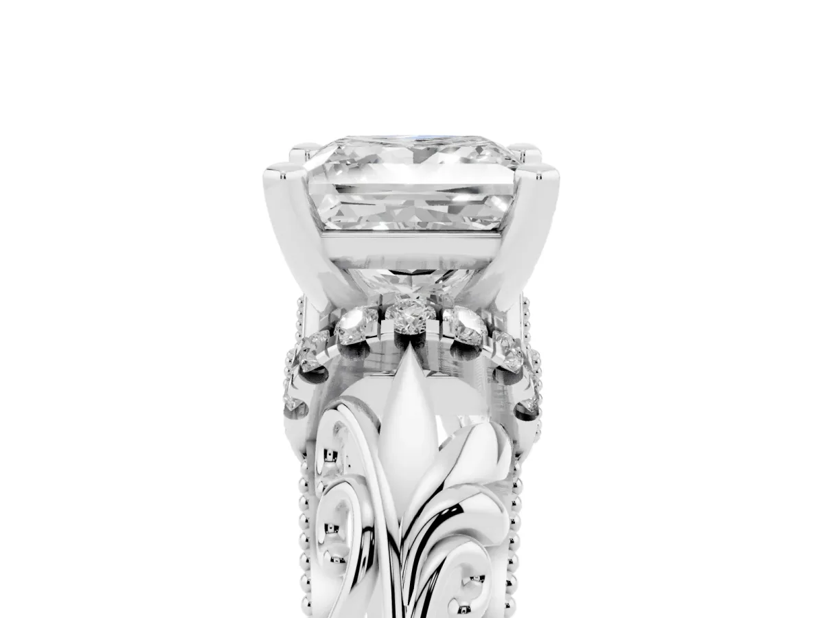 Princess Cut Solitaire Filigree Engagement Ring with Halo and Prong Setting Silver