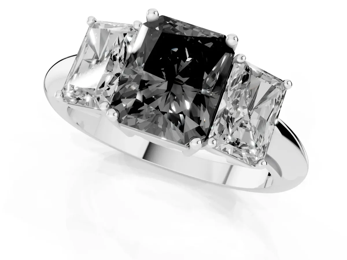 Fancy Black Three-Stone Radiant Cut Cut Diamond Engagement Ring with Prong Setting on a White Gold Band Silver