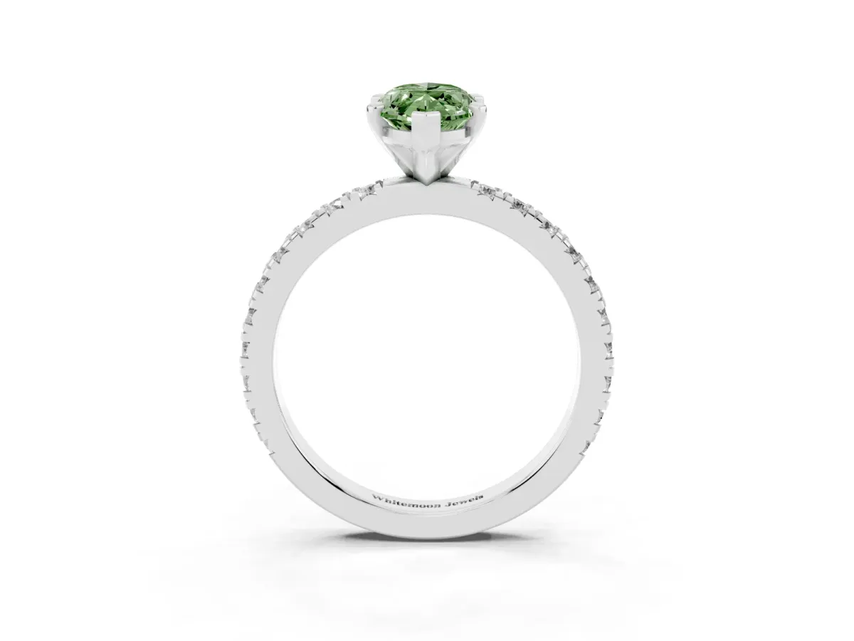Fancy Green Marquise Cut Diamond Pavé Band Solitaire with Four-Prong Setting Silver