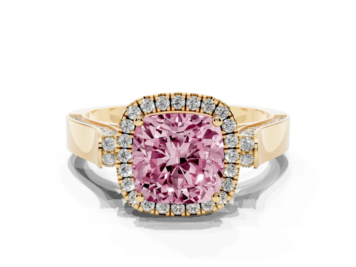 Fancy Pink Cushion Cut Halo Pave Split Shank Prong Setting Ring Yellow gold