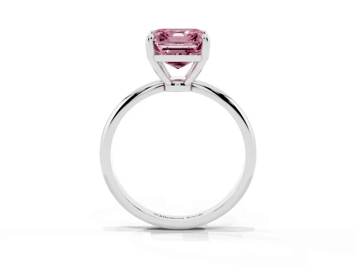 Fancy Pink Asscher Cut Solitaire Diamond Ring with 4-Prong Setting on a Classic Band Silver